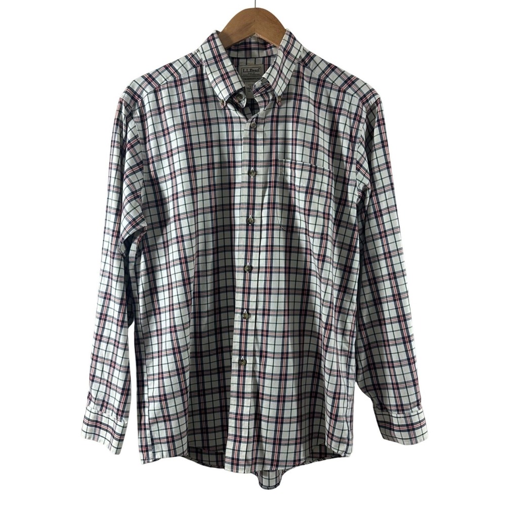 LL Bean Mens Plaid Button Down Shirt M Reg White Navy Red Cotton NWOT